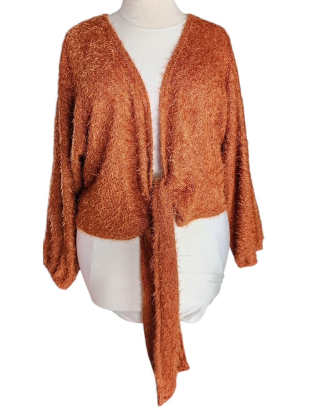 Papaya L Fuzzy Rust Orange Cardigan Wrap Sweater Open Front Tie Long Sleeve